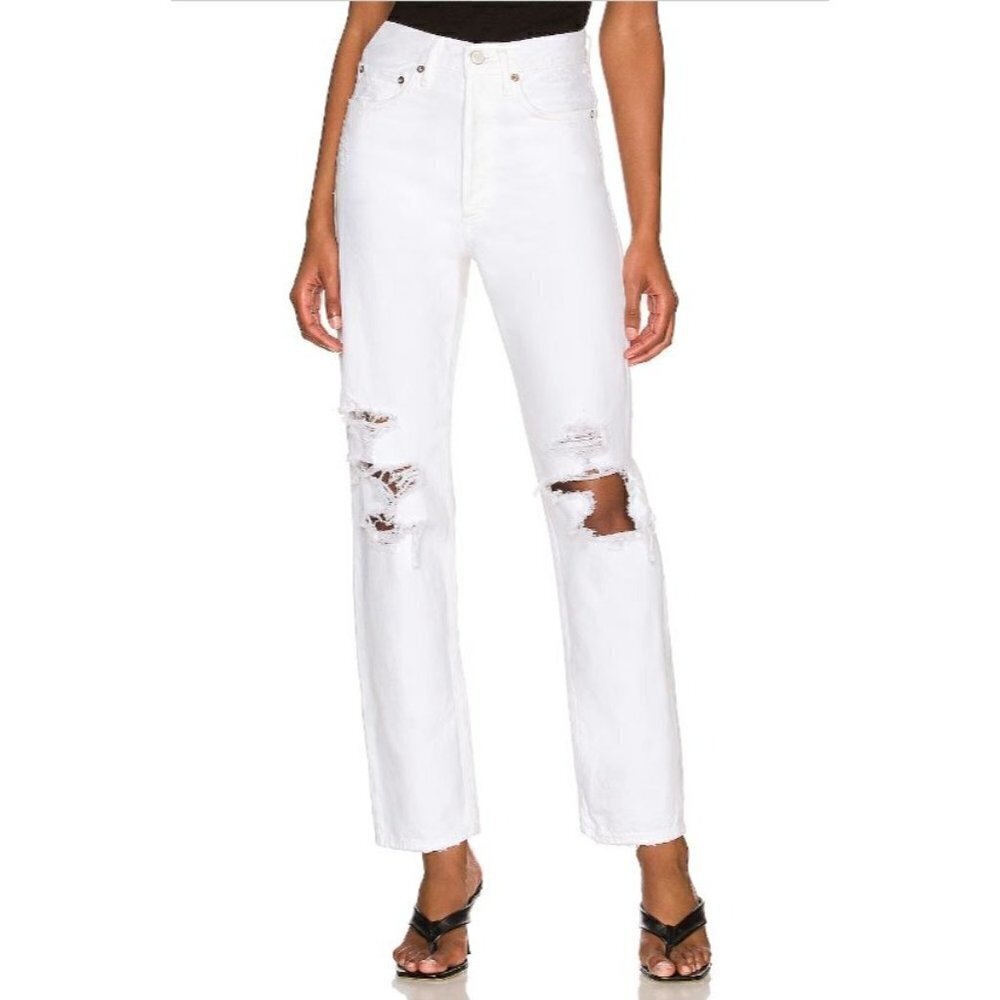 AGOLDE 90's Mid Rise Button Fly Destroyed Loose Fit Jeans Vanish White 27